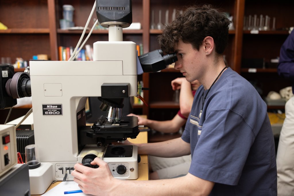 Doane Stuart student looking through a microscope