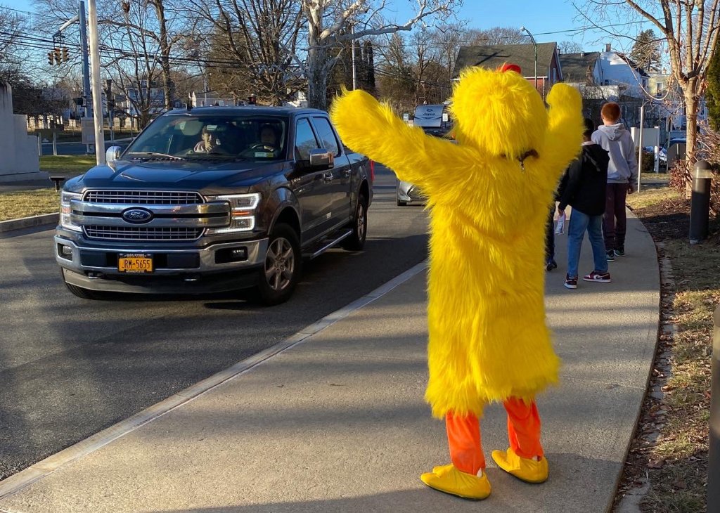The Doane Stuart Thunderchicken greets arriving students